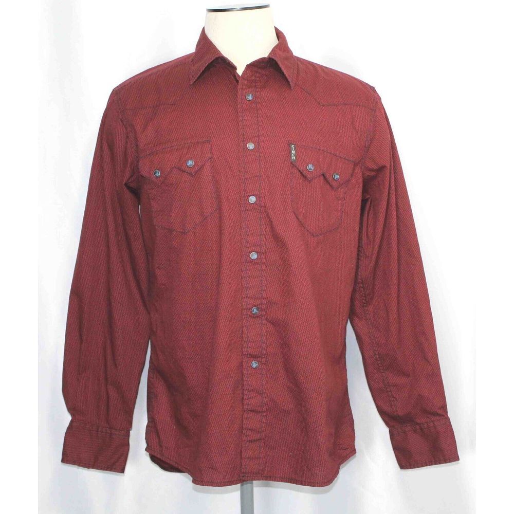 Cinch Red Modern Fit Weave Print Long Sleeve‎ Pearl Snap Shirt Mens Size Medium